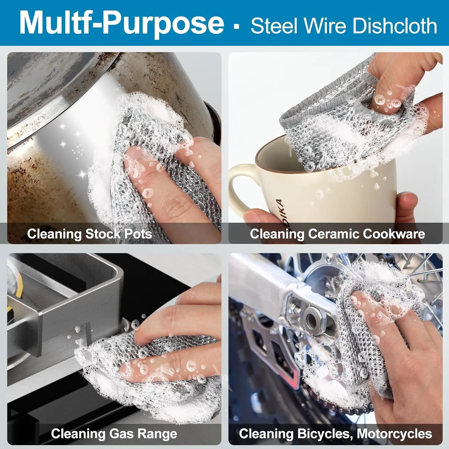 10 Pcs Multipurpose Wire Dishwashing Rag, 7.87" x 7.87" Non Scratch Wire Dishcloth, Double-Layer Steel Wool Wire Dishwashing Cloth Reusable Wire Cleaning Cloth for Cookware, Sinks, Dishes, Stove Tops