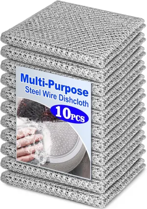 10 Pcs Multipurpose Wire Dishwashing Rag, 7.87" x 7.87" Non Scratch Wire Dishcloth, Double-Layer Steel Wool Wire Dishwashing Cloth Reusable Wire Cleaning Cloth for Cookware, Sinks, Dishes, Stove Tops