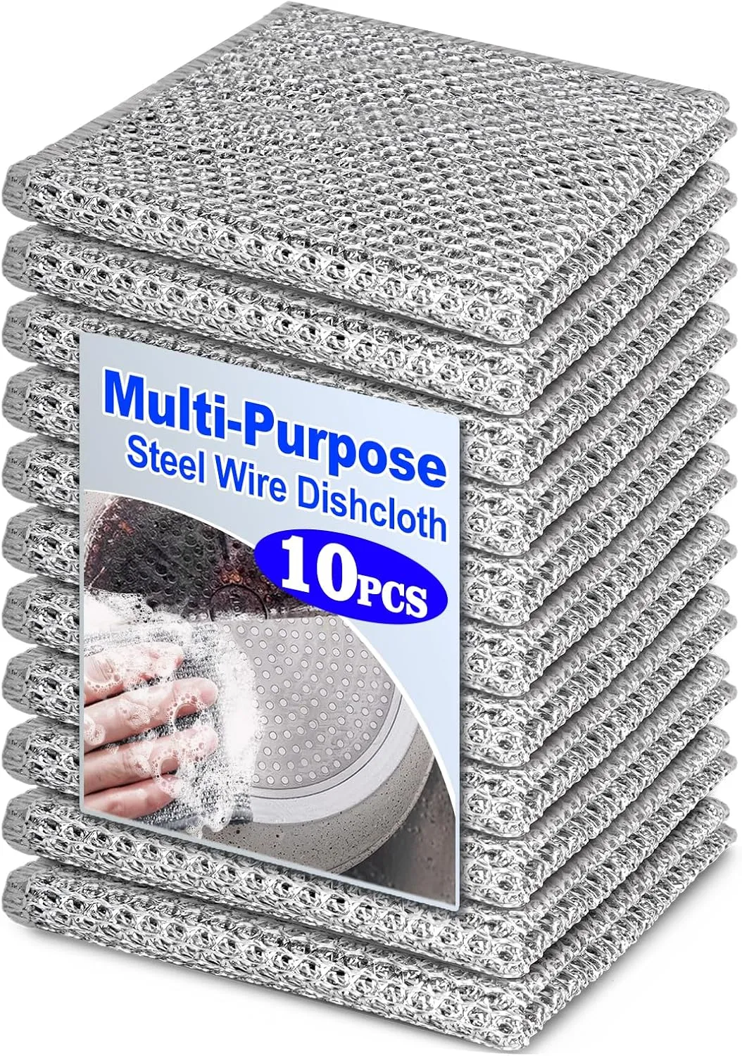 10 Pcs Multipurpose Wire Dishwashing Rag, 7.87" x 7.87" Non Scratch Wire Dishcloth, Double-Layer Steel Wool Wire Dishwashing Cloth Reusable Wire Cleaning Cloth for Cookware, Sinks, Dishes, Stove Tops