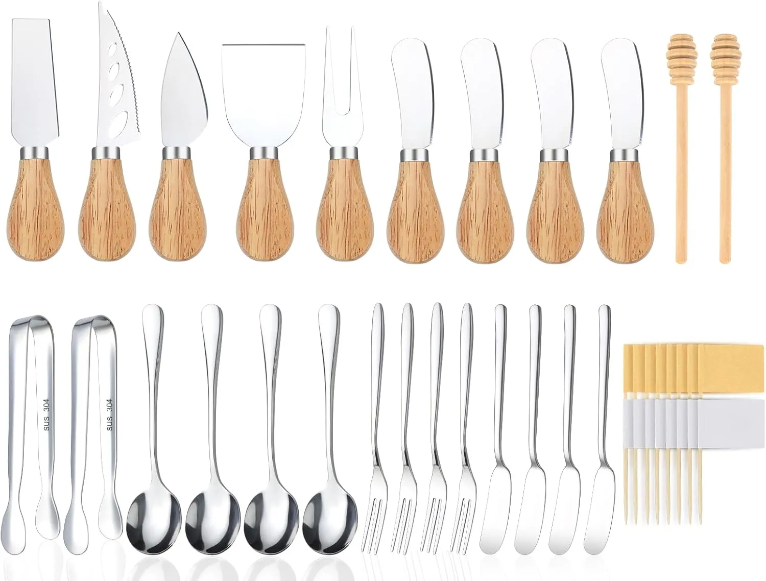 26 Pcs Charcuterie Boards Accessories, Cheese Knife Set with Wooden Handle, Service for 4 Charcuterie Utensils Include Mini Cheese Spreader Knives, Forks, Tongs, Spoons, Honey Dipper for Appetizers