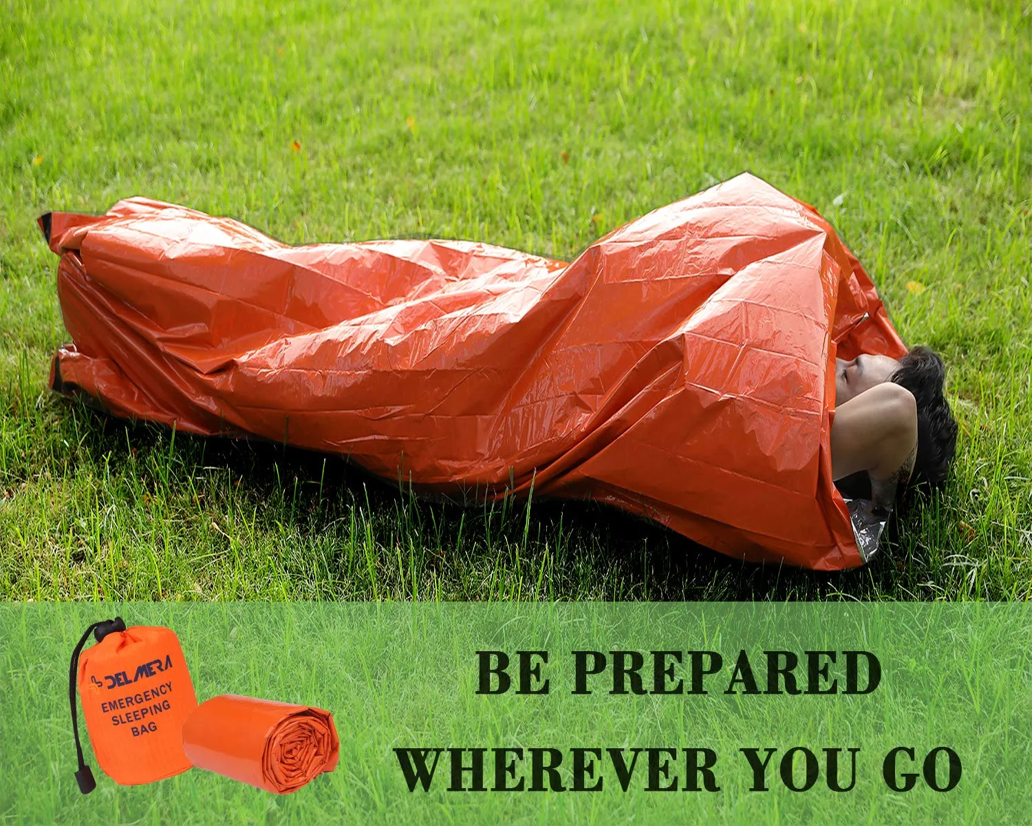 Delmera Emergency Survival Sleeping Bag, Lightweight Waterproof Thermal Emergency Blanket, Bivy Sack with Portable Drawstring Bag for Outdoor Adventure, Camping, Hiking, Orange (Orange- one Pack)