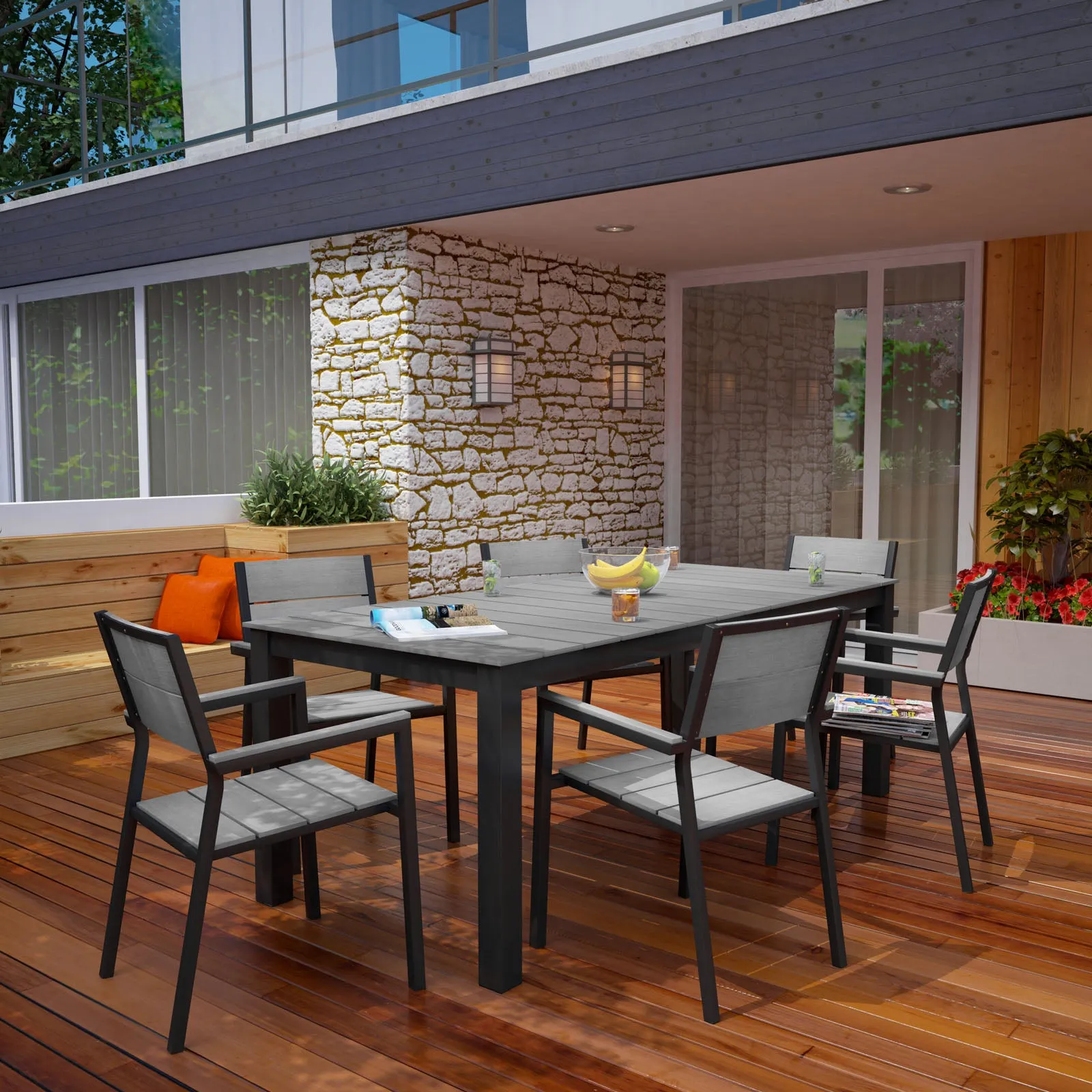 Maine 7 Piece outdoor Patio Dining Set - Wooden Dining Room Table
