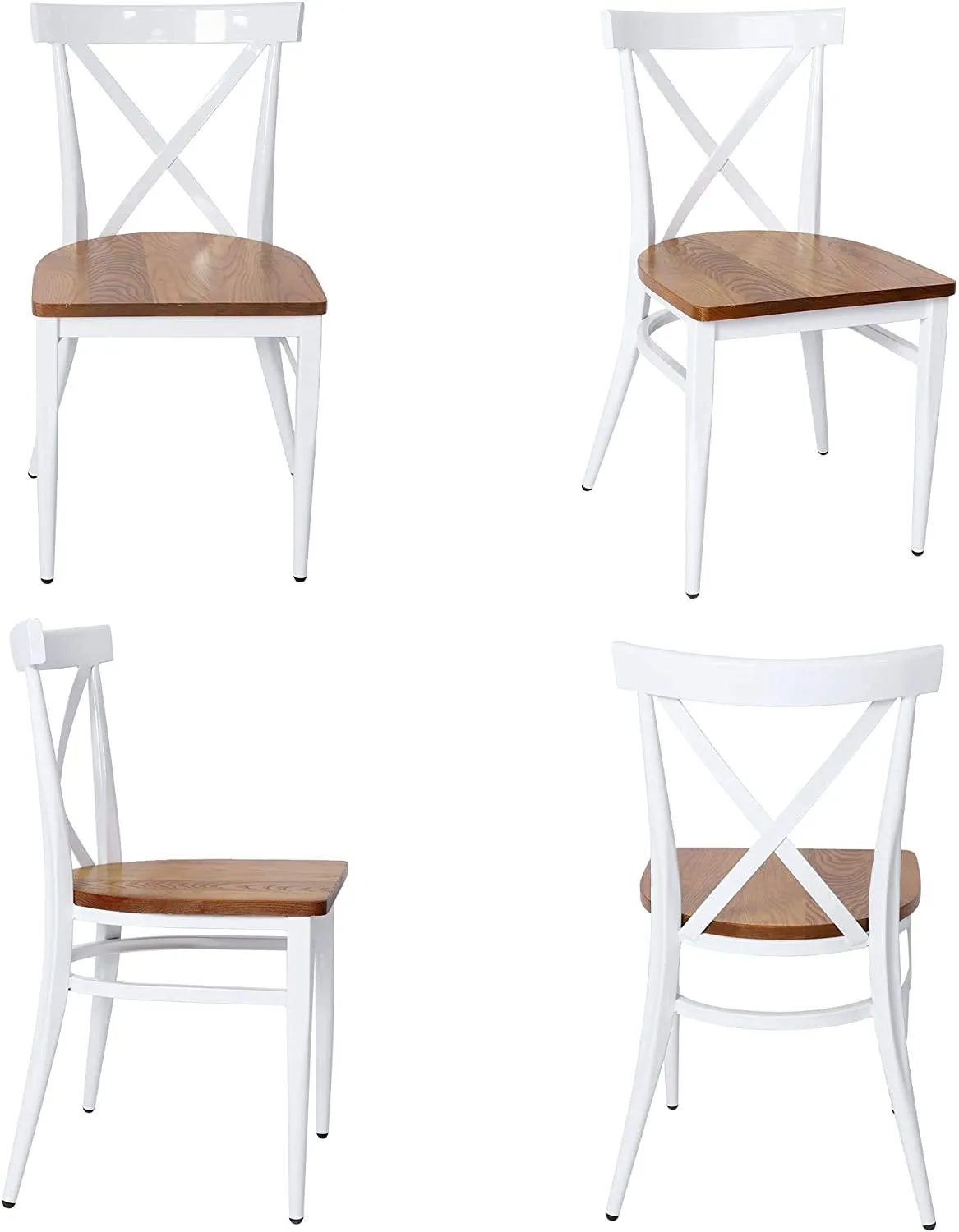 Set of 2 Dining Side Chairs Solid Wood Chair Heavy Duty Metal Frame, X Back, White