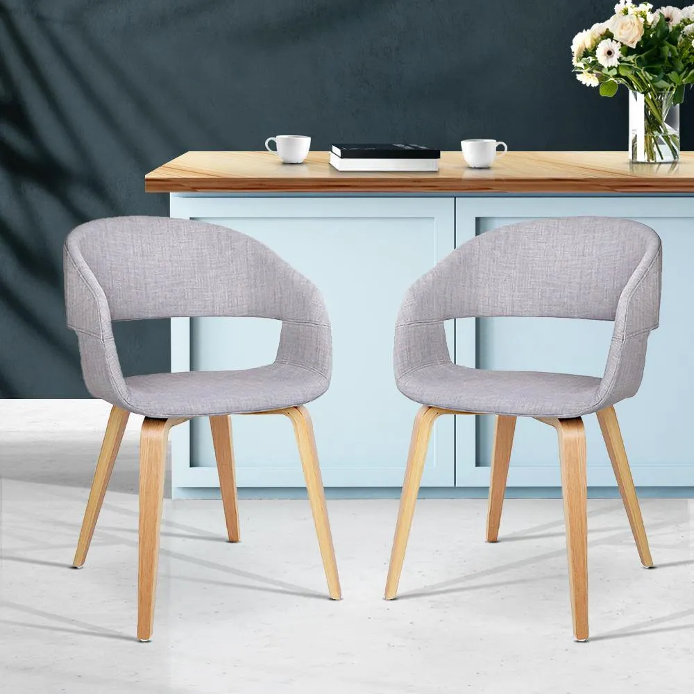 Set of 2 Timber Wood and Fabric Dining Chairs - Light Grey