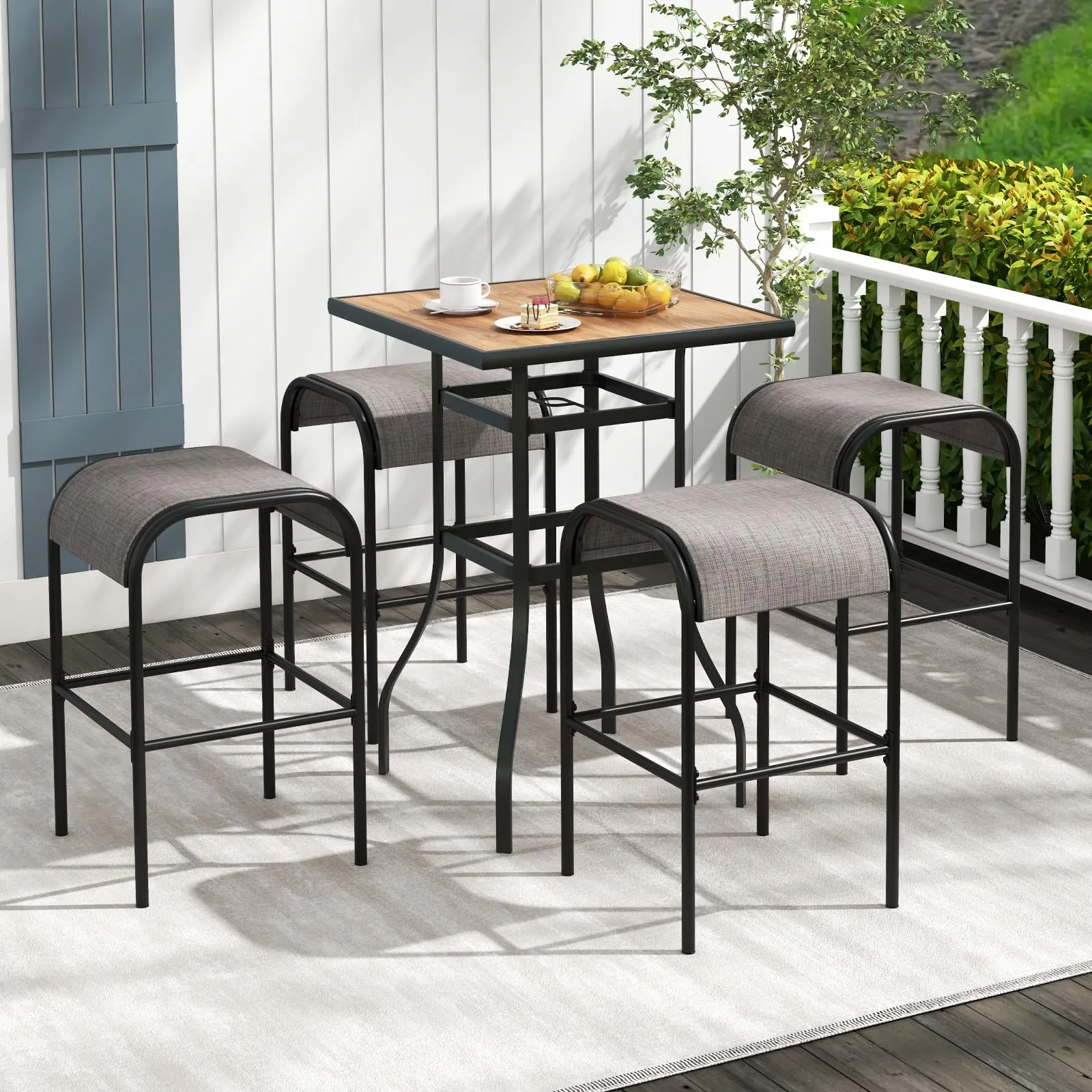 Tangkula 5-Piece Patio Dining Set, Outdoor 27.5" Bar Height Table & 4 30" Barstools w/Umbrella Hole