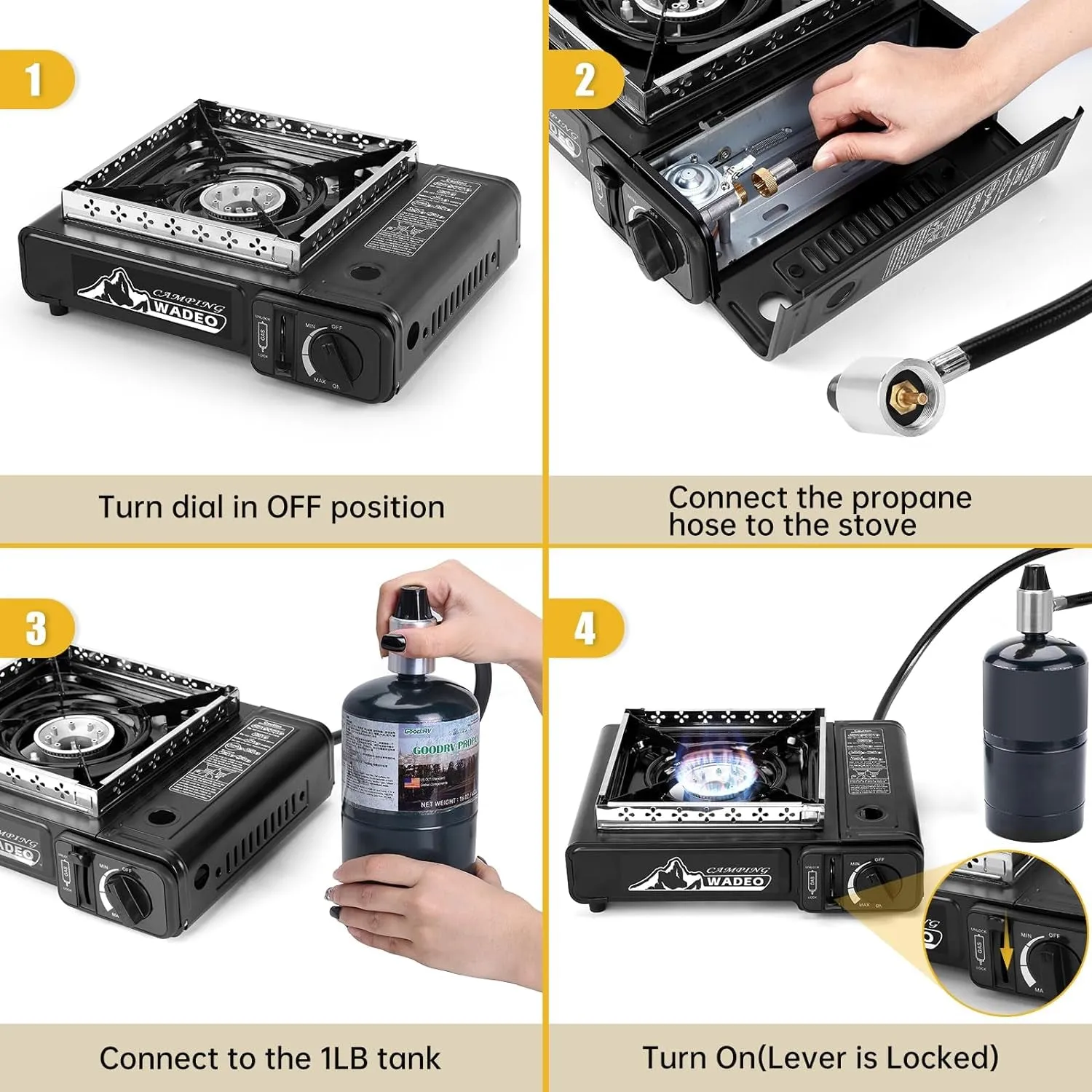 WADEO Dual Fuel Stove Portable Camping Stove with 3 Fpropane Regulator Hose, Portable Gas Stove Windshield Camping Stove for Camping Hiking Party ﻿