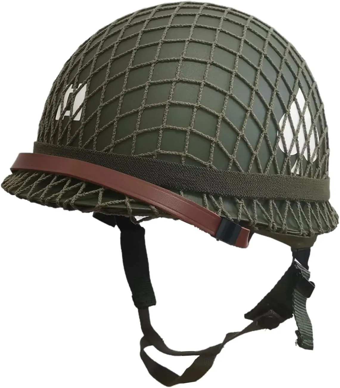 WWII US Army M1 Steel Helmet Replica - WW2 Gear with Canvas Chin Strap, Mesh Cover, Cat Eye Band & DIY Stickers